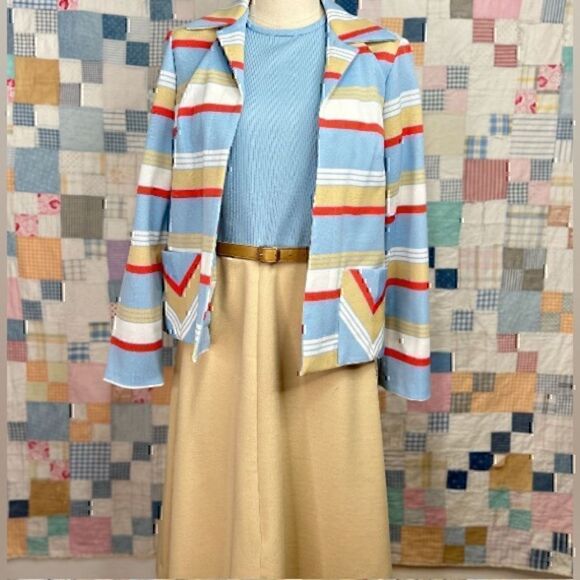 Late 1960’s Kay Windsor Sky Blue, Beige and Orange Poly Dress and Jacket Set - Picture 1 of 6